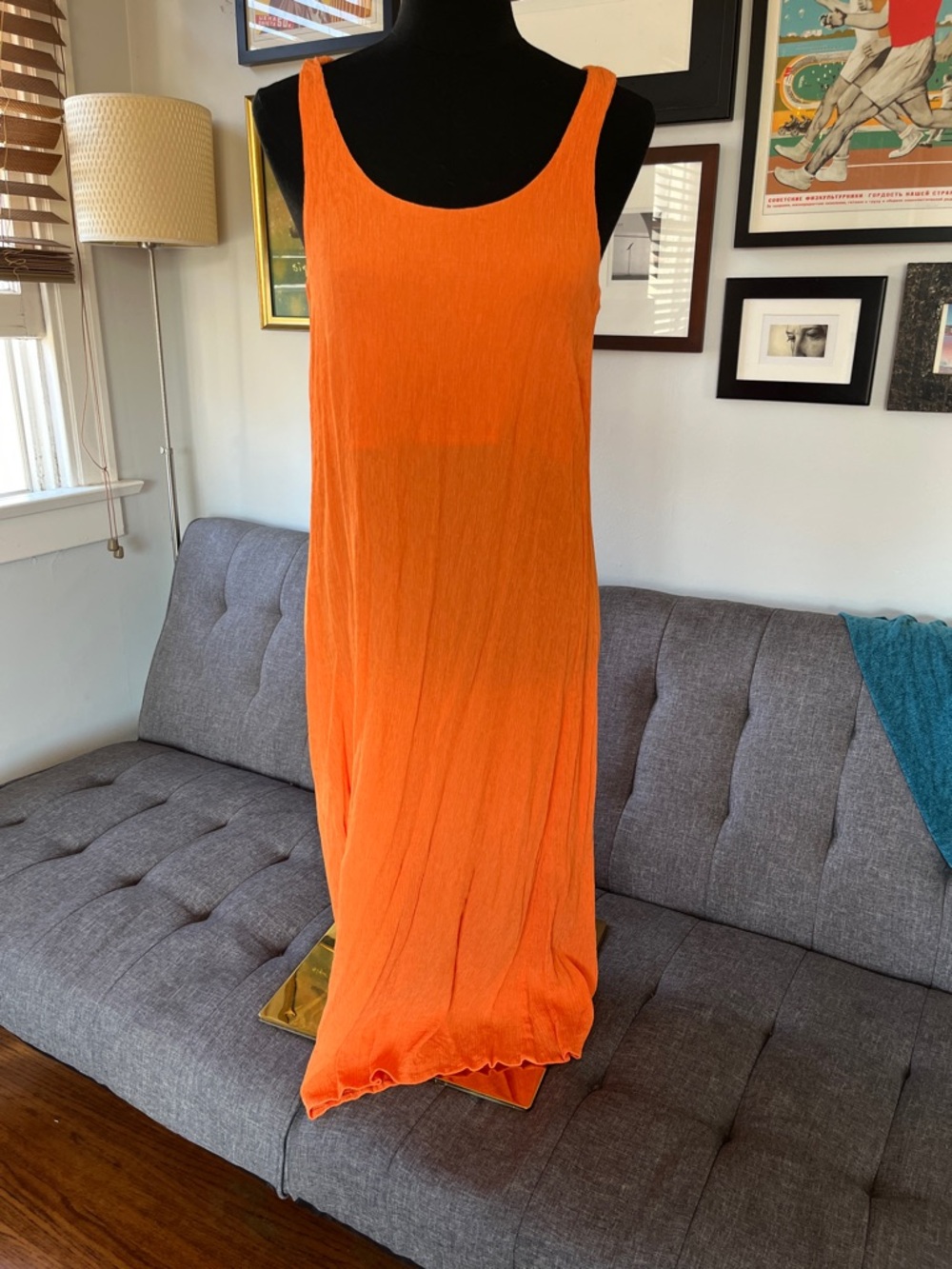 Everlane The Naia Vibrant Orange Crinkle Maxi Dress size M
